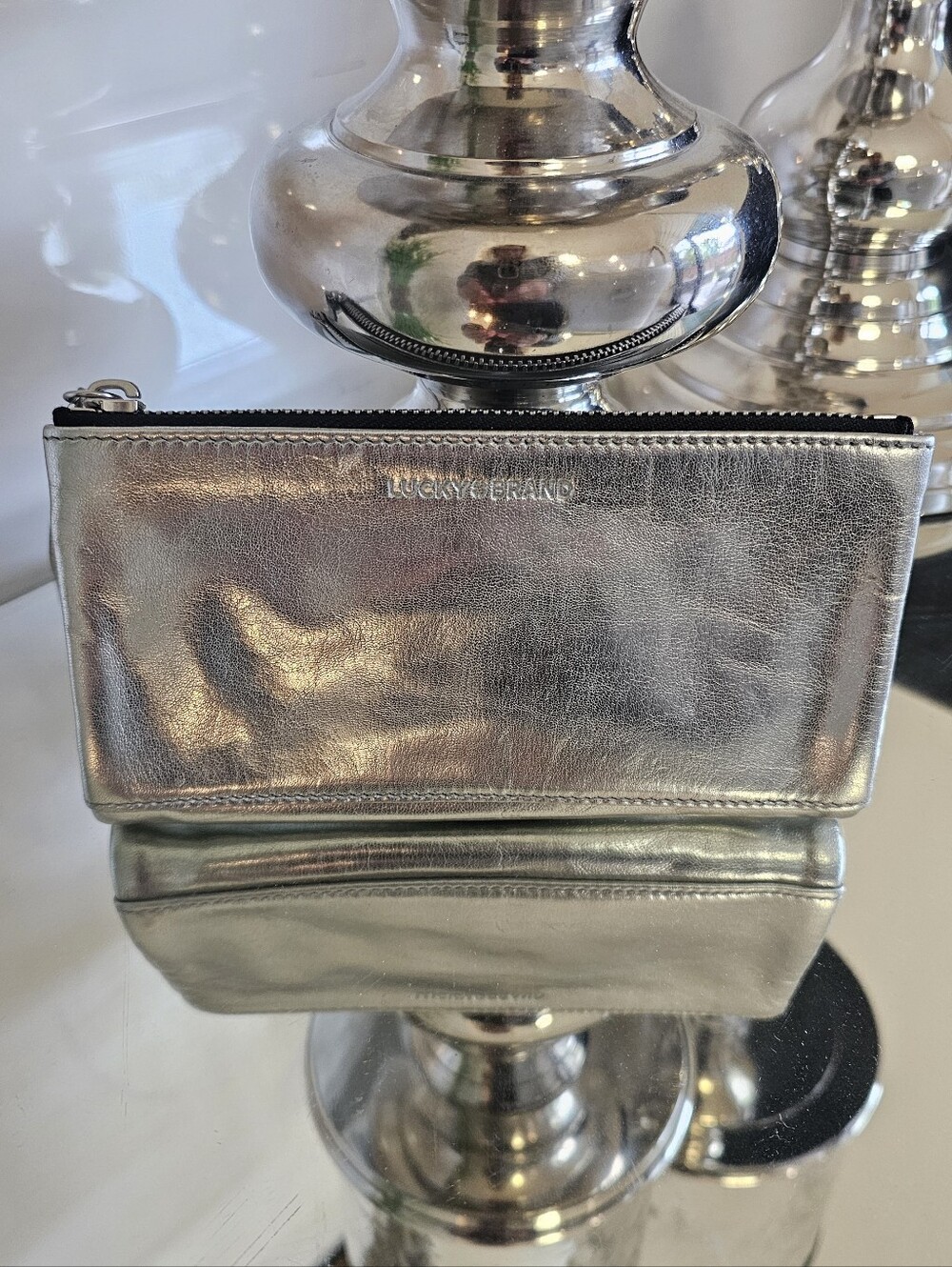 Lucky Brand Metallic Silver Wristlet Clutch
